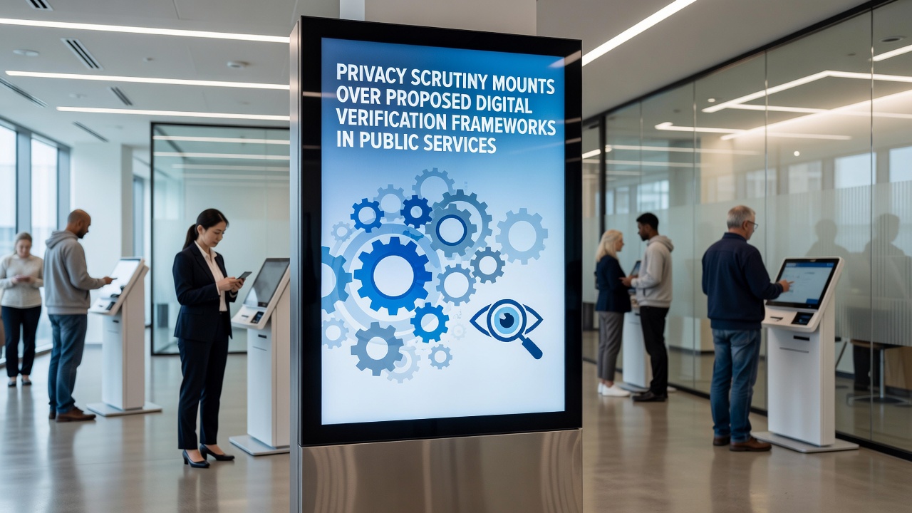Public service users interacting with digital verification kiosks in a government office setting