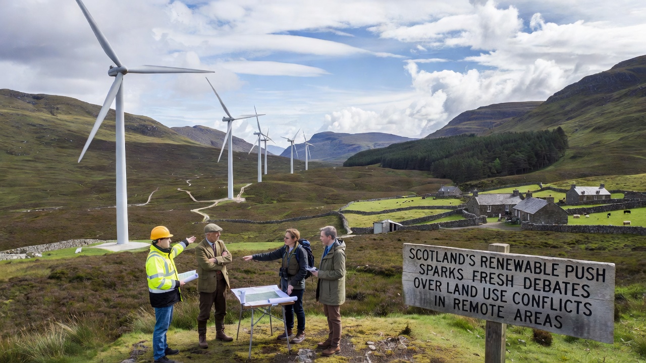 Community meeting in a Scottish village hall discussing renewable energy proposals and land use concerns